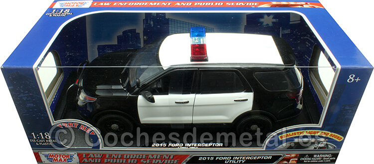 2015 Ford Interceptor Utility Con Luces y Sonido Negro/Blanco 1:18 Motor Max 73996