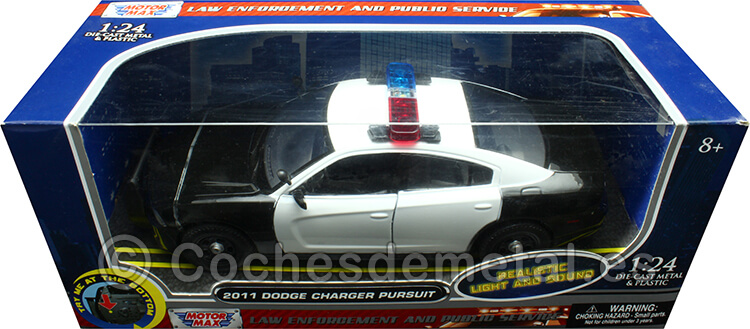 2011 Dodge Charger Pursuit Con Luces y Sonido Negro/Blanco 1:24 Motor Max 79533