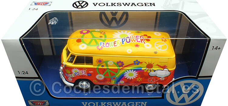 1967 Volkswagen Type 2 T1 Panel Van Flower Power Naranja/Rojo Decorado 1:24 Motor Max 79563