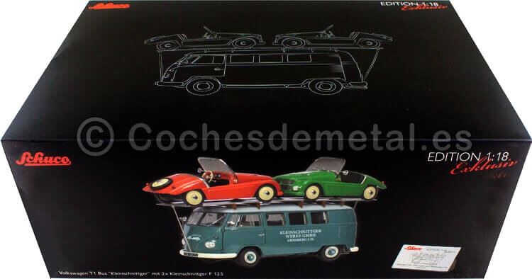 1958 Volkswagen VW T1 Minibus Car Transporter Azul + 2X F-125 Spider Verde/Rojo 1:18 Schuco 0278